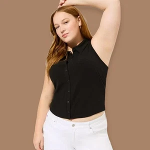 5 x 28 W Torrid schwarz kurz gerippter Kragen Tank V-Ausschnitt Knopfleiste super weich Stretch - Bild 1 von 8
