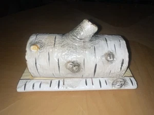 Soporte de plato de mantequilla cubierto de árbol de madera corteza de abedul otoño cerámica vintage Dept 56 - Imagen 1 de 9
