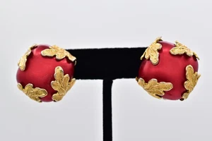 Dominique Aurientis Vintage Clip On Earrings Red Gold Leaf Chunky Signed BinAF - Picture 1 of 12