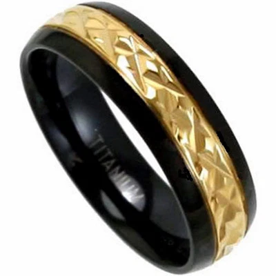 Plain Black Plated TITANIUM BAND RING with Gold Plated ENGRAVINGS in size 10 - Image 1 of 4