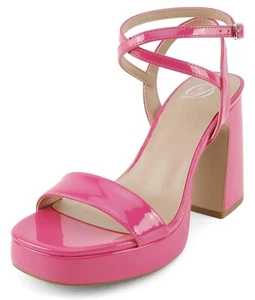 Delicious Women Block High Heel Ankle Strap Open Platform MUFFIN Hot Pink Patent - Picture 1 of 5