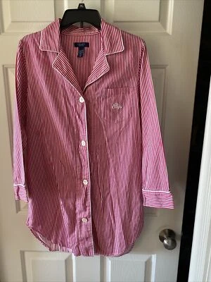 Ladies CHAPS Red & White Stripe Button Down Nightshirt, Size M, MINT cond Cotton - Image 1 of 4