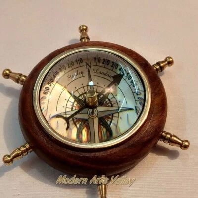 Brújula de rueda de lente de madera antigua vintage coleccionable regalo decorativo Foto 1 de 4