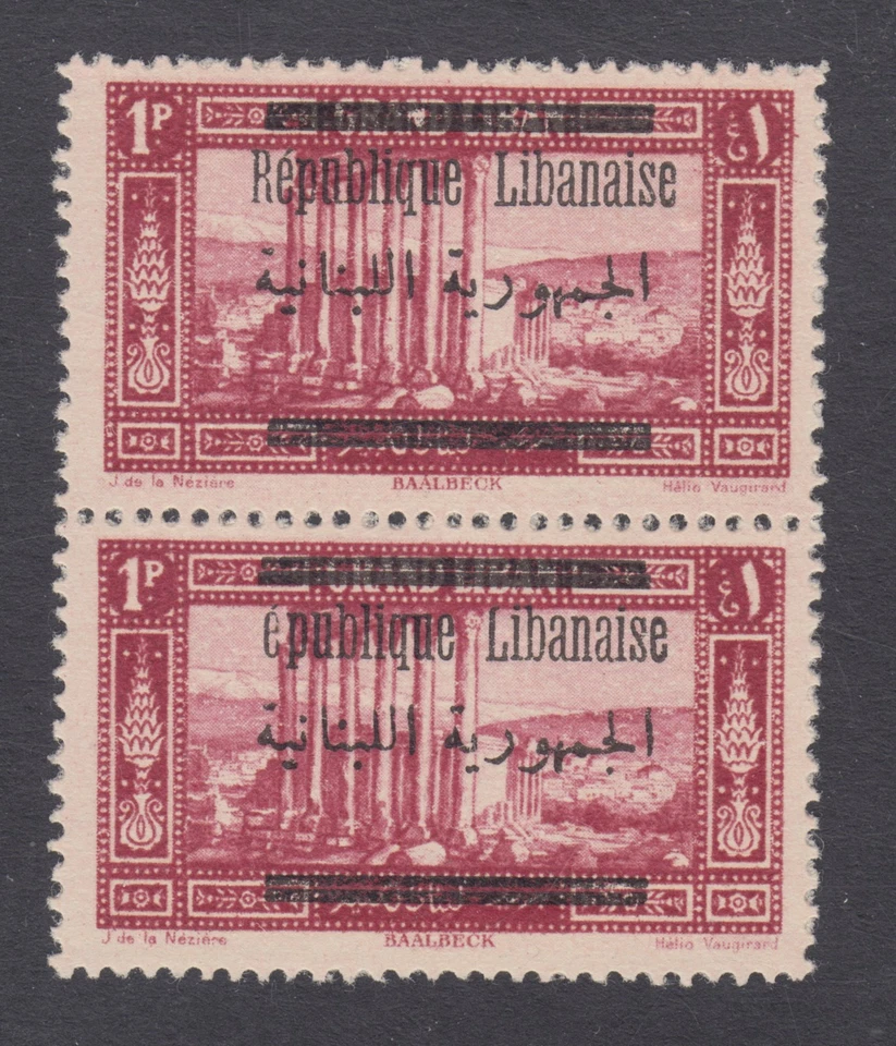Lebanon Sc 88 MNH. 1928 1p "epublique" error sobreimpresión, par vertical con normal Foto 1 de 1