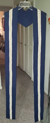 CLERGY OFFICIANT STOLE VESTMENT HAND MADE NAVY BLUE W/MACRAME-LIKE DETAIL - Image 1 of 4