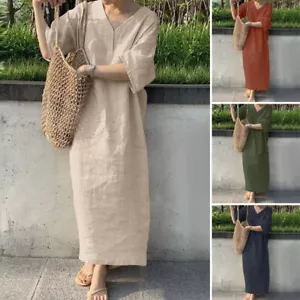 Womens 3/4 Sleeve V Neck Long Dress Casual Cotton Linen Evening Party Maxi Dress - Picture 1 of 13