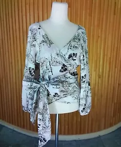Beautiful Witchery White Pink Puff Sleeve Wrap Blouse Top 10 Linen Blend - Picture 1 of 7