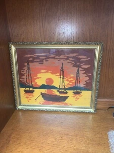 Mid Century Sunset Needle Point Framed 1970s Hand Stitched 15.25"x12.5" - Picture 1 of 4
