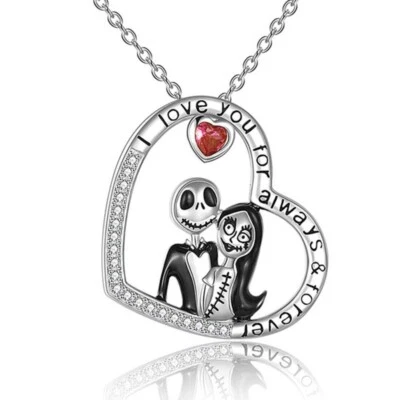 925 Placcato Argento Love You Coppia Teschio Cuore Lucente Famiglia Collana - Immagine 1 di 3