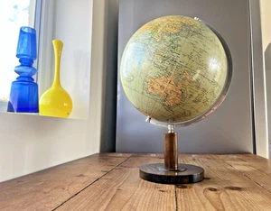 ART DECO 1930'S COLUMBUS ERDGLOBUS 15.5 INCH TERRESTRIAL DESK GLOBE WOOD CHROME - Picture 1 of 11