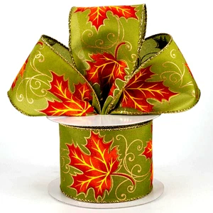 Fall Leaves Wired Ribbon 2.5" by 2 yards Burnt Orange Olive Green Gold Metallic - Picture 1 of 4