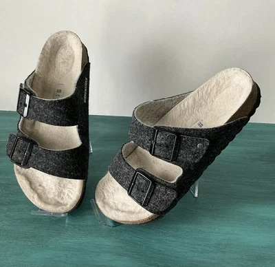 Birkenstock Arizona Mujer Talla 40 EE. UU. 9 Gris Remache Lana Fieltro Slide Sandalias Boho Foto 1 de 4