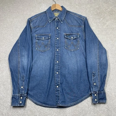 Vintage Wrangler Western Shirt Blue Core Denim Snap Cowboy Mens S Casual Fit - Image 1 of 4