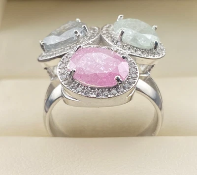 Anel raro vintage de prata esterlina 925 rosa, branco, cinza "crackle" pedras preciosas tamanho 7 - Imagem 1 de 4