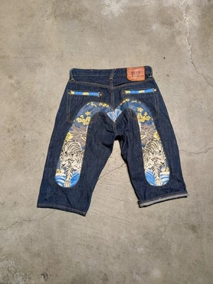 Evisu Vintage Selvedge Denim Diacock Shorts 30 (31x15) Faded Painted Y2k Japan - Image 1 of 4