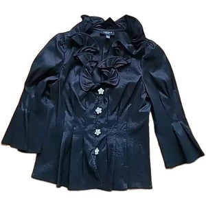 Chetta B Black Rhinestone Buttons Ruffled V-Neck Evening Blouse Size 8 - Picture 1 of 11