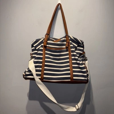 Navy Stripe Weekend/Carry On Travel Bag Canvas Nautical Beachy Adjustable Straps - Image 1 of 4