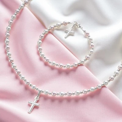 Perla Joyería Juego, Stg Plata Crosses.christening Regalo de Niña Primero Perlas - Imagen 1 de 4