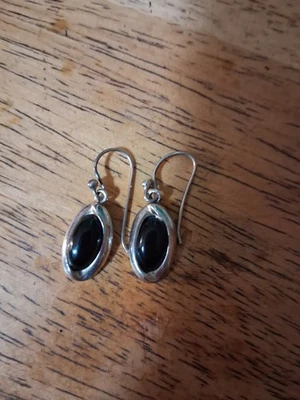 Barse Sterling Silver 925 Black Onyx Oval Womens Pierced Dangle Earrings 1 1/4” - Image 1 of 2