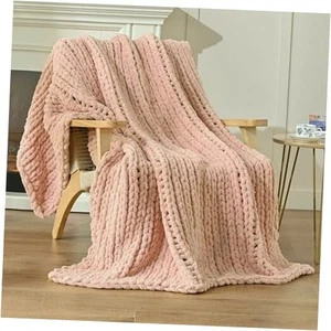 Chunky Knit Blanket Throw 60"x80", 100% Hand 60x80 Inches 08 - Dusty Pink - Picture 1 of 7