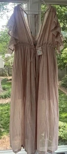 Sweet Lovely By Jen Deep V Neck Maxi Dress Nude Blush Flutter Sleeve L NWT $59 - Picture 1 of 6