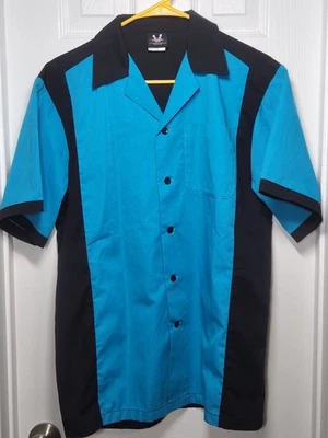 Hilton Bowling Button Up Shirt Men's S Turquoise Black Short Sleeve Retro Pocket - Image 1 of 4