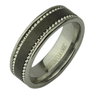 Tungsten Ring & Ceramic Black Patterned Ring 7mm - Picture 1 of 2