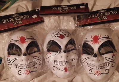 3-White Skull Masks Dia De Muertos Red, Black design - Image 1 of 4