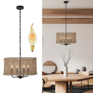 Vintage Rattan Swag Lamp Light Pendant Chandelier Boho Bamboo Mid-Century - Picture 1 of 14