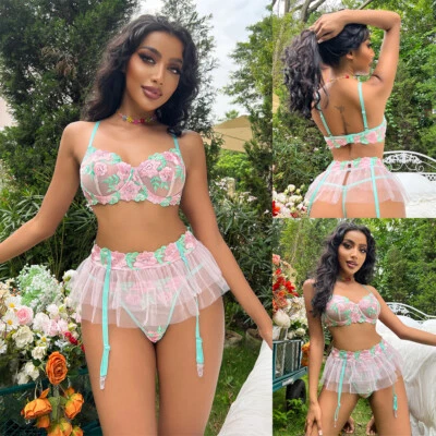 Sexy Para Mujer Lencería Encaje Floral Ropa Interior Vestido Babydoll Prendas para dormir Tanga EE. UU. Foto 1 de 4