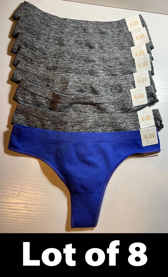 Lot/8 Juniors Seamless Thong Panties, Heather Grey / Blue Size XS - Image 1 of 4