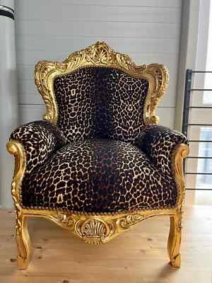 Fauteuil français Louis velours chaise finition dorée imprimé léopard fauteuil décoration maison - Photo 1/4