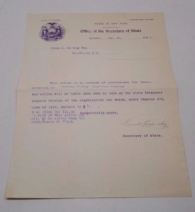 Carta antigua del Secretario de Estado de Nueva York 16 de agosto de 1911 historia vintage - Imagen 1 de 5