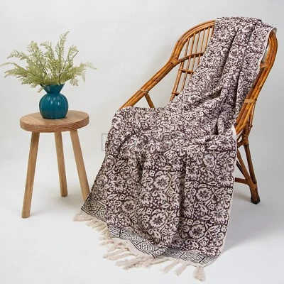 Floral Hand Block Print Throw Indian Cotton Handloom Bedding Sofa Couch Blanket - Image 1 of 4