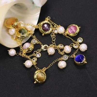 Collar de perlas de agua dulce ojo de gato multicolor joyería hecha a mano para fiesta de dama Foto 1 de 4