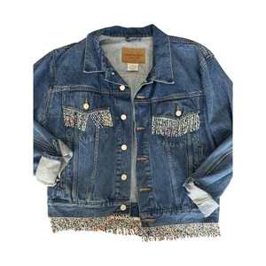 Chaqueta vaquera vintage con flecos con cuentas para mujer talla pequeña vaquera occidental - Imagen 1 de 12
