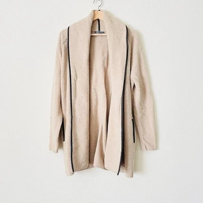 Cárdigan Vince MEDIANO ribete cuero mezcla lana beige punto bolsillo Foto 1 de 4