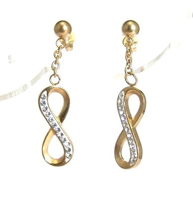 Gold PVD Infinity Earrings Dangle Drop Surgical Steel CZ Pave Hypoallergenic - Image 1 of 4