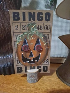 Tarjeta de bingo de calabaza primitiva vintage pintada a mano otoño decoración y exhibición de Halloween - Imagen 1 de 2