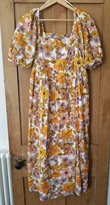 TU Orange Floral Retro Long Tiered Prairie Peasant Shirred Midi Dress Size 12 - Picture 1 of 14