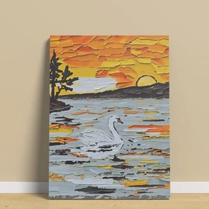Vintage Sunset Lake Swan Animal Oil Painting Bedroom Wall Art Canvas Prints - Picture 1 of 1