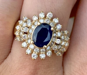EFFY Royalty 14k Gold Natural Sapphire And  Diamonds Cluster Statement Ring - Picture 1 of 10