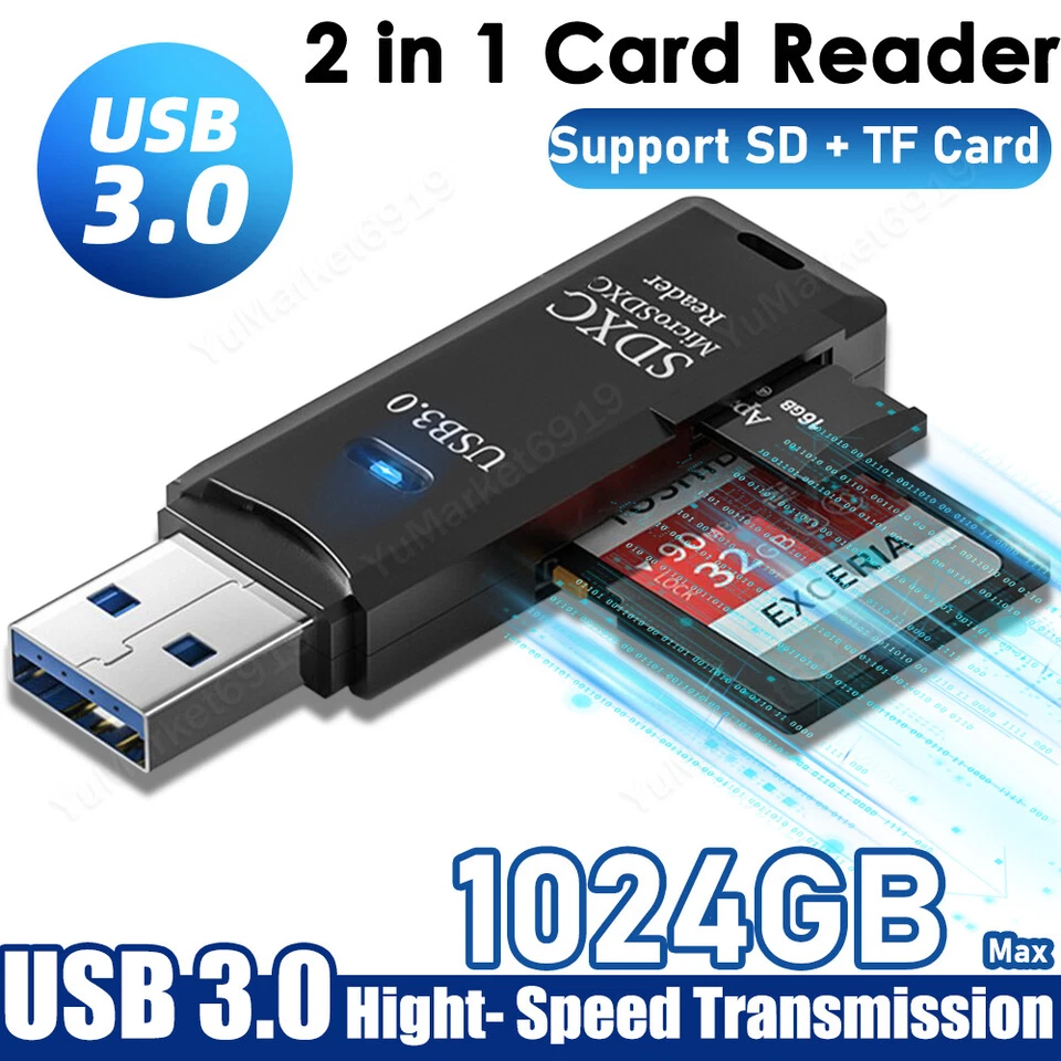 2pcs USB 3.0 High Speed Memory Card Reader Adapter for Micro SD SDXC TF T-flash