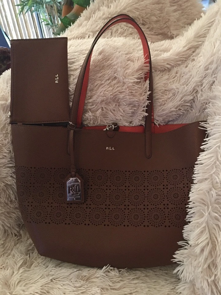 Ralph Lauren Littlebury Bolso de Mano y Bolsa Reversible Bourbon Naranja Nuevo Foto 1 de 4