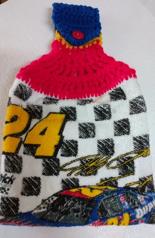 Vintage JEFF GORDON Hanging BAR / BBQ / KITCHEN Crocheted Top TOWEL 20x16 - NEW Cover