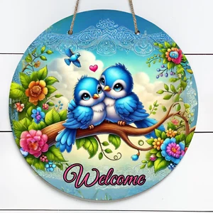 Adorable Blue Birds Welcome 10" Metal Round Door Sign Pink #2 - Picture 1 of 1