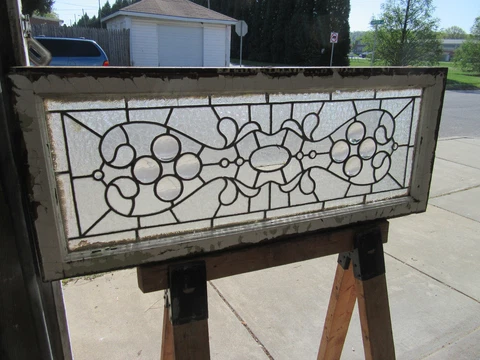 ~ ANTIQUE STAINED GLASS TRANSOM WINDOW 14 JEWELS ~ 44 X 18 ~ SALVAGE Cover