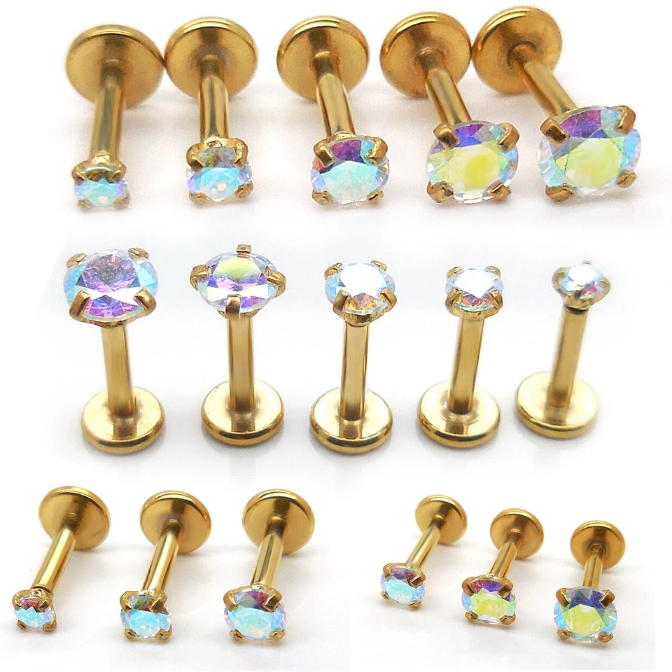 Brincos de pino de costas planas tom dourado cartilagem AB pino de pressão nariz labret anéis 18G - Imagem 1 de 4