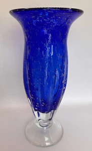 Vintage Cobalt Blue And Clear Glass Bubbles Pedestal Vase 9.5 “ - Picture 1 of 19