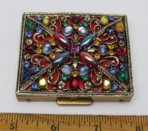 VTG 1940s 50s GOLDEN JEWELED COMPACT PILL BOX 2 3/4" by 2 3/8" - Picture 1 of 10
